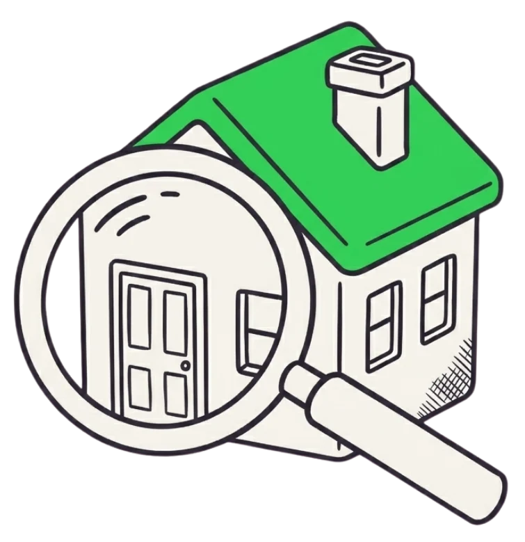 Illustrated green-roofed house inspected with a magnifying glass