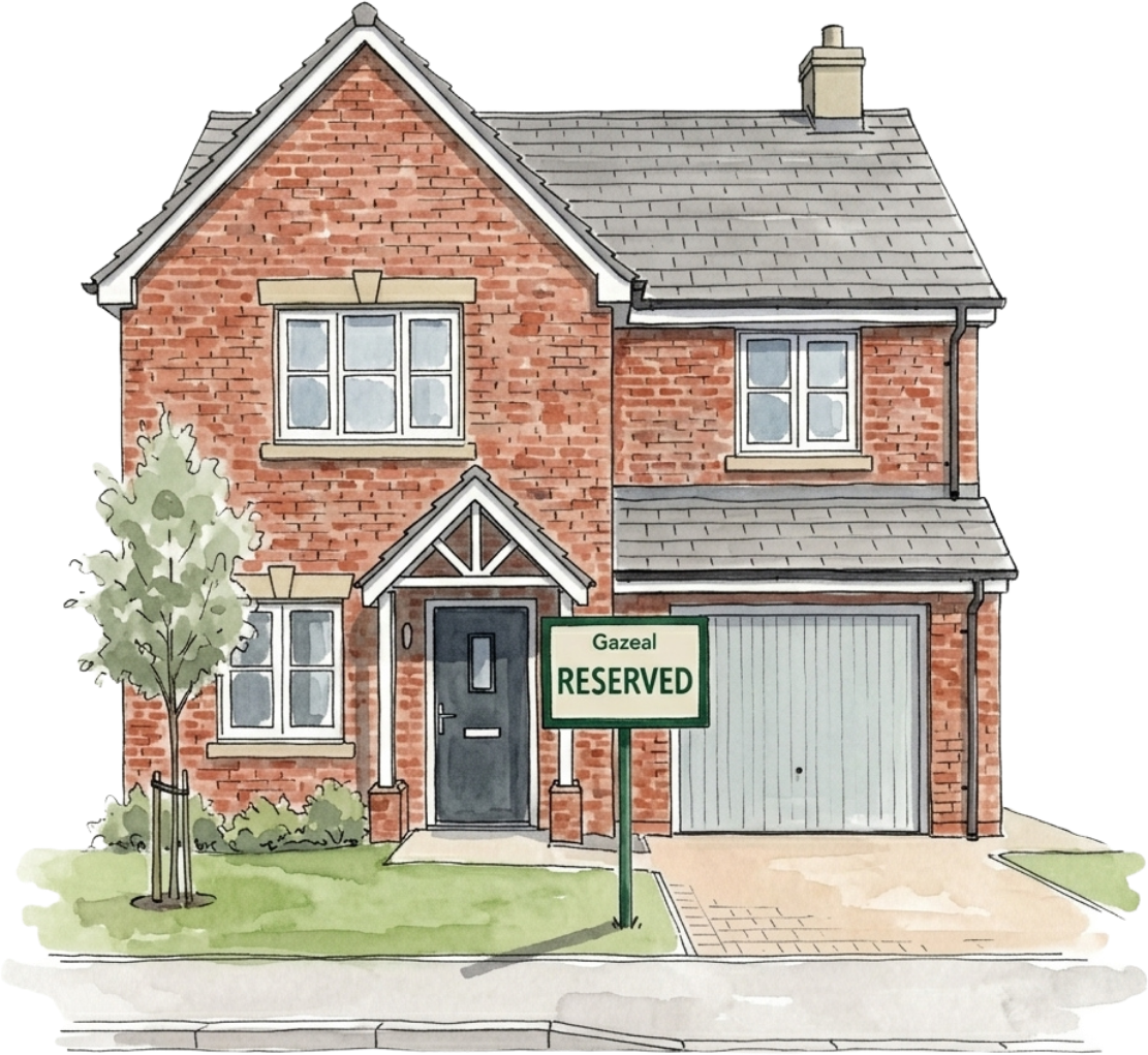 A detached brick home with its garden, driveway and Gazeal Reserved sign.