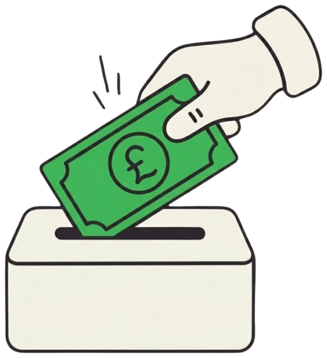Illustrated hand placing a pound note into a secure deposit box