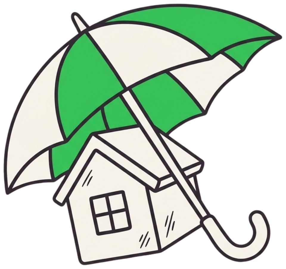 A home sheltered beneath a green umbrella